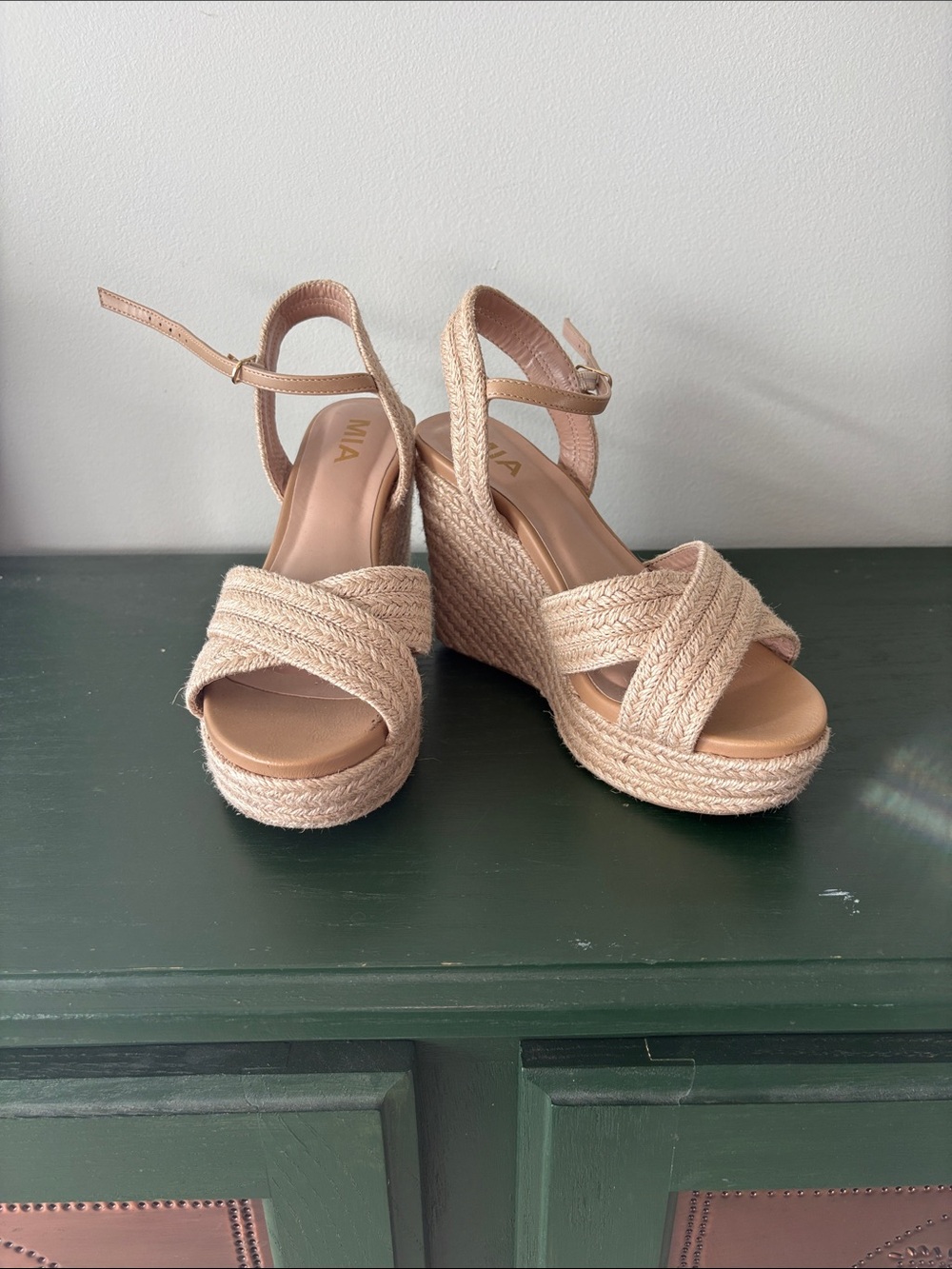 MIA Natural Beige Braided Espadrille Wedge Sandals